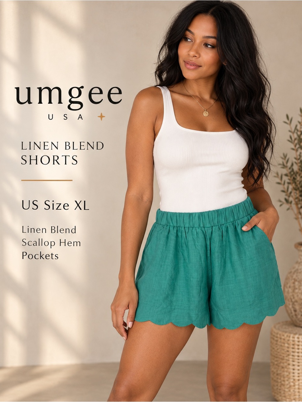 Umgee USA Teal Linen Blend Scallop Hem Shorts Size XL NWT